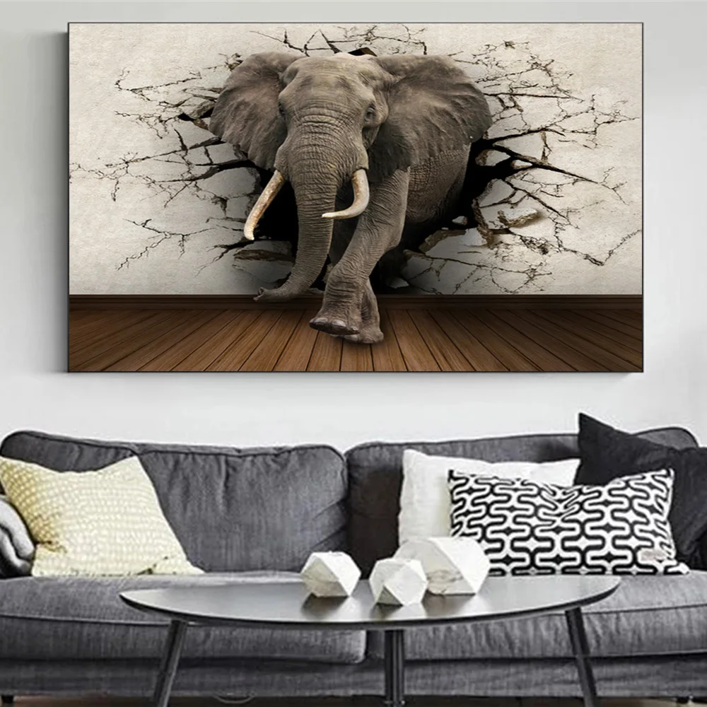 Абстрактная животная Картина на холсте Слоны прорезание через стену плакаты и принты Настенная картина для гостиной роспись Декор