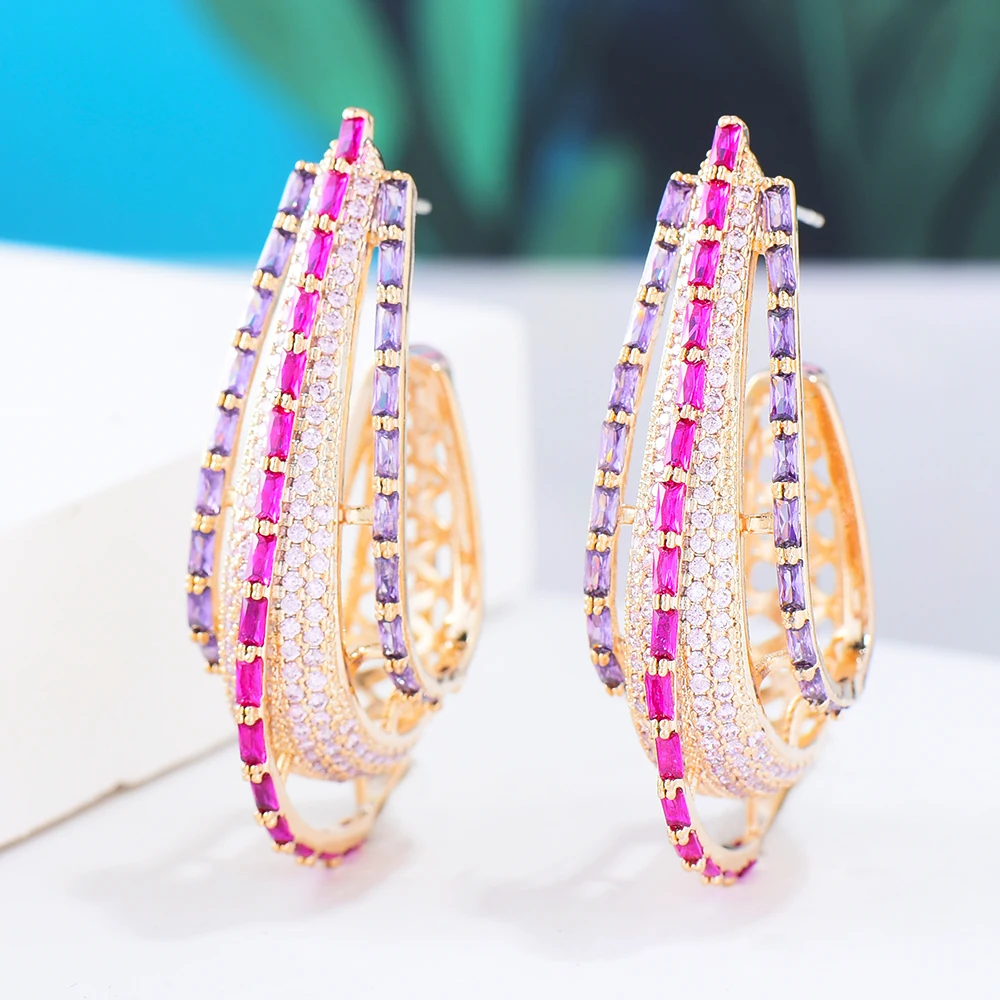 

KellyBola New Bridal Red Pink Cubic Zirconia Shiny Earrings Big Original Pendant Statement Earings Fashion Jewelry Acessories