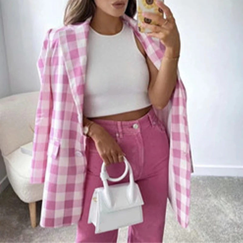 

Женский винтажный Блейзер Za, розовый Клетчатый жакет на пуговицах, прямой свободный пиджак с длинным рукавом для осени, 2021