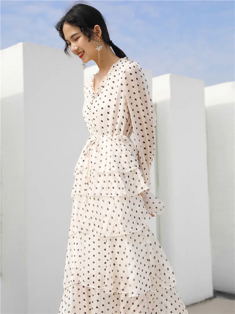 Женское Повседневное платье средней длины элегантное в горошек с v-образным