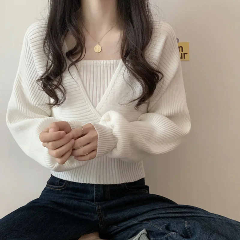 

Fashion Square Collar Casual Women Knitted Pulovers Sweater Korean Style Loose Long Sleeve Solid Jumper Tops Knitwear Clothes