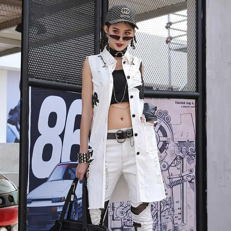 

Mid-length new vest style flower jacket white stand personality European long 2021 jacket spring and autumn alphabet cow