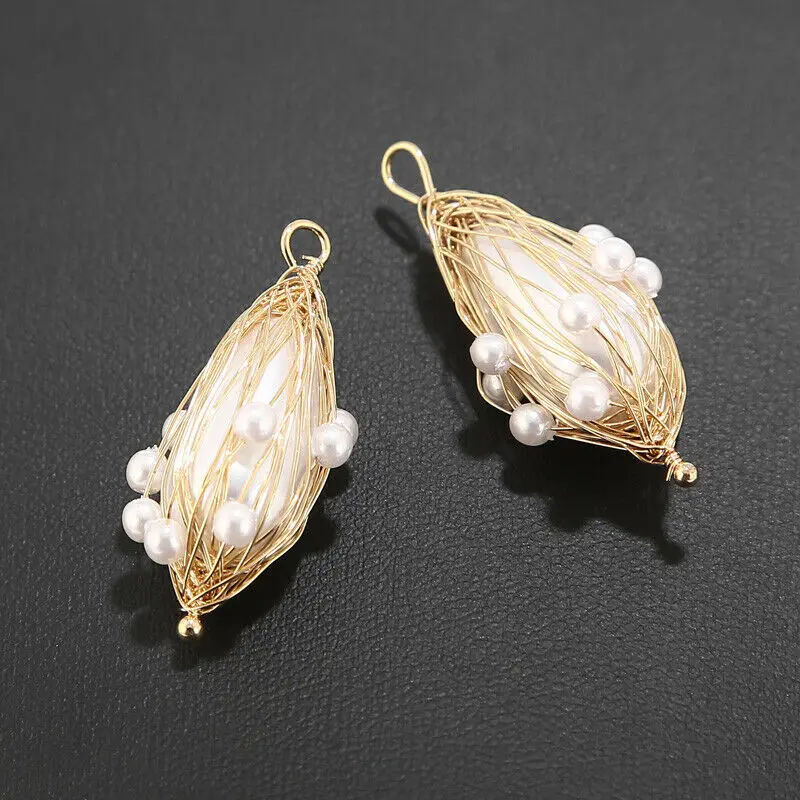 

4pcs Real Gold Plated Brass 11*34mm Wire Wrapped Pearls Charm Pendents Accessories For Women DIY Jewelry Earring Making Findings