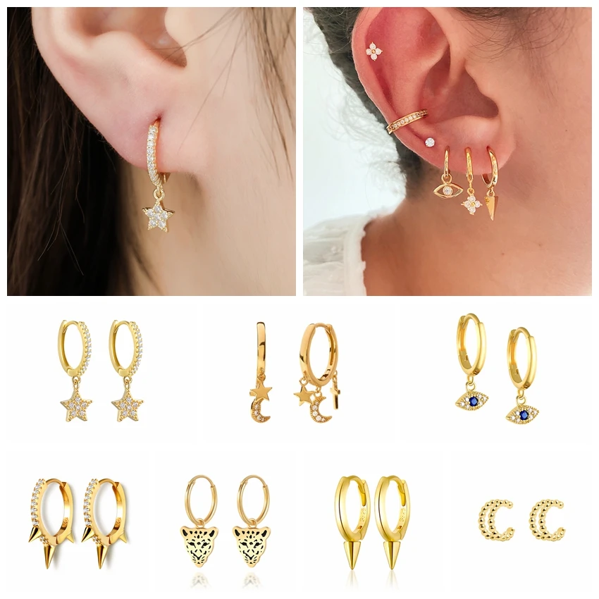 

Sterling Silver Huggie Earrings for Women 2021 Trend Zircon Gold Evil Eye Cross Hoop Earings Gift Brincos Fashion