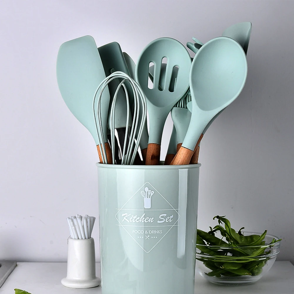

9 Colors Kitchen Cooking Utensils Set Silicone Wooden Handle Spoon Turner Whisk With Utensils Holder Storage 12pcs Cookware
