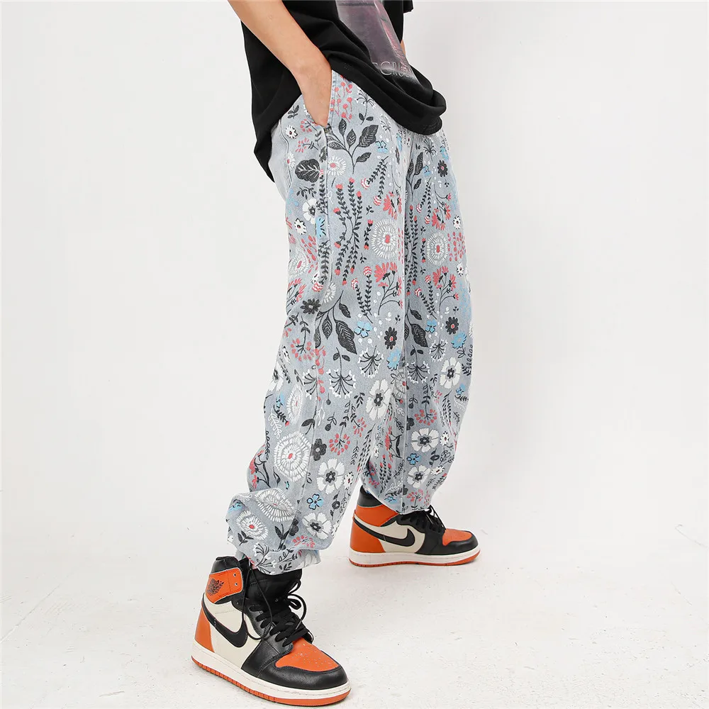 2021 New Arrival Flower Graffiti Print Straight Men Vintage Baggy Jeans Trousers Casual Drawstring Women Denim Pants Pantalones