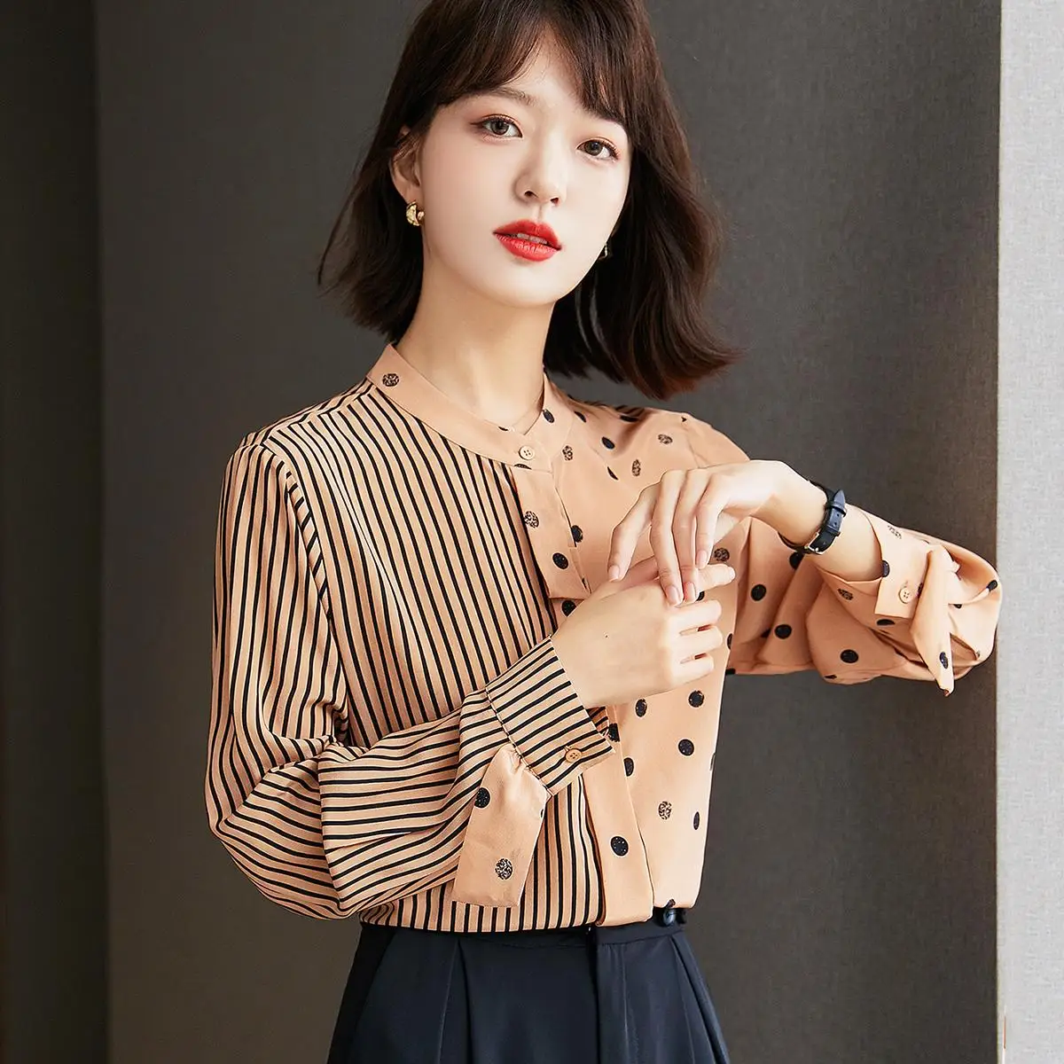 

Autumn Polka Dot Chiffon Women Shirt Striped Long Sleeve Office Lady Button Up Shirt blusas mujer de moda 2021 verano