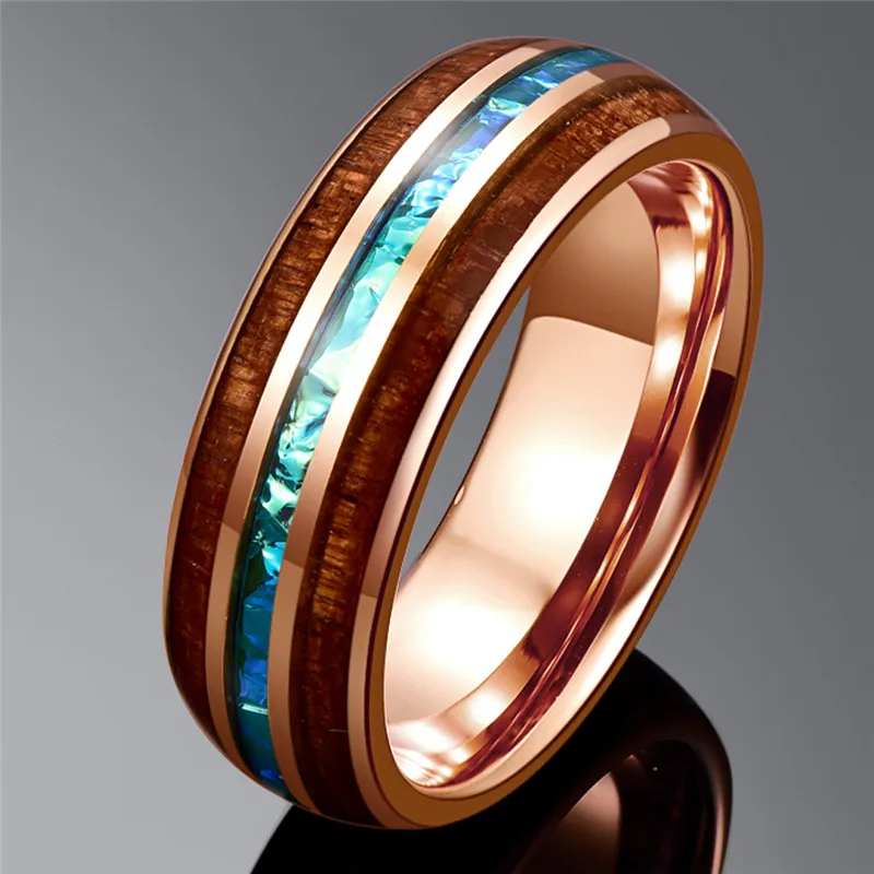 NUNCAD Wood Tungsten Carbide Ring For Men 6MM Rose Gold Acacia Imitation Opal Dome tungsten Steel Ring Anillo Hombre