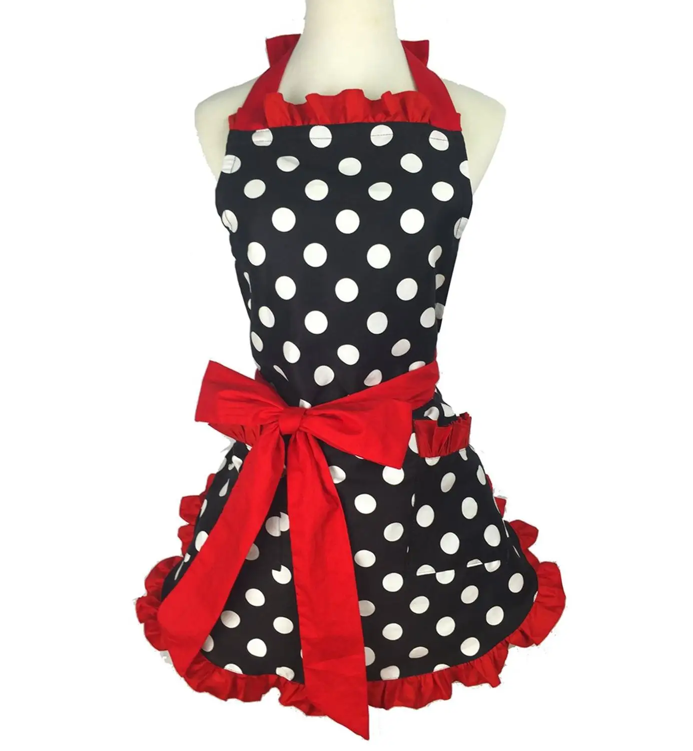 

New Retro Apron for Women Super Cute and Funny Bowknot with Pocket Adjustable Cotton Polka Dot Delicate Hemline Cooking Aprons