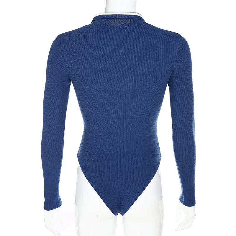 

IAMHOTTY Blue Ladies Bodysuit White Line Buckle Casual Jumpsuit Long Sleeve Skinny Autumn New Women Romper Playsuit Plain Basic