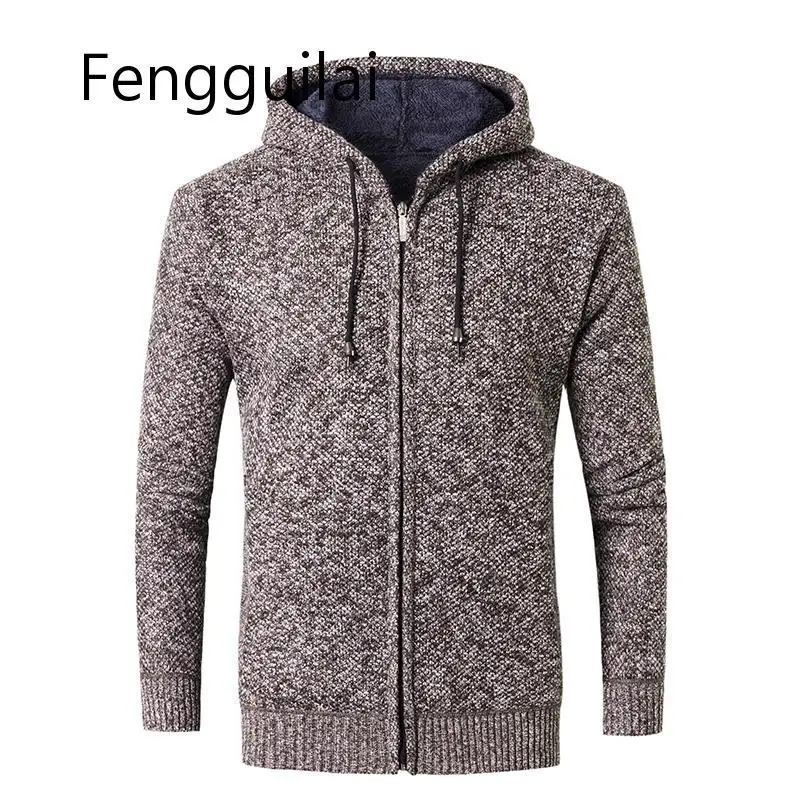FENGGUILAI Autumn Winter Men's Sling Hooded Zipper Cardigan Jacket Plus Velvet Thick Warm Sweater Large Size Slim Casual Sweater