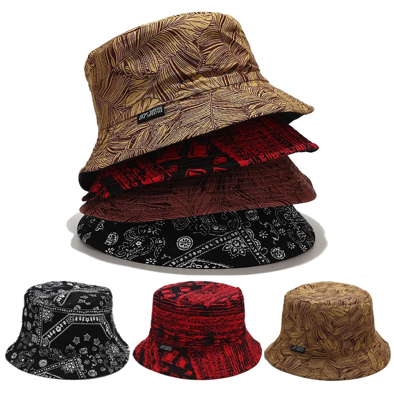 

Fashion Reversible Leaf Print Bucket Hat Panama Cap Art Vintage Summer Big Wide Sun Caps For Women Men Fisherman Hats Streetwear