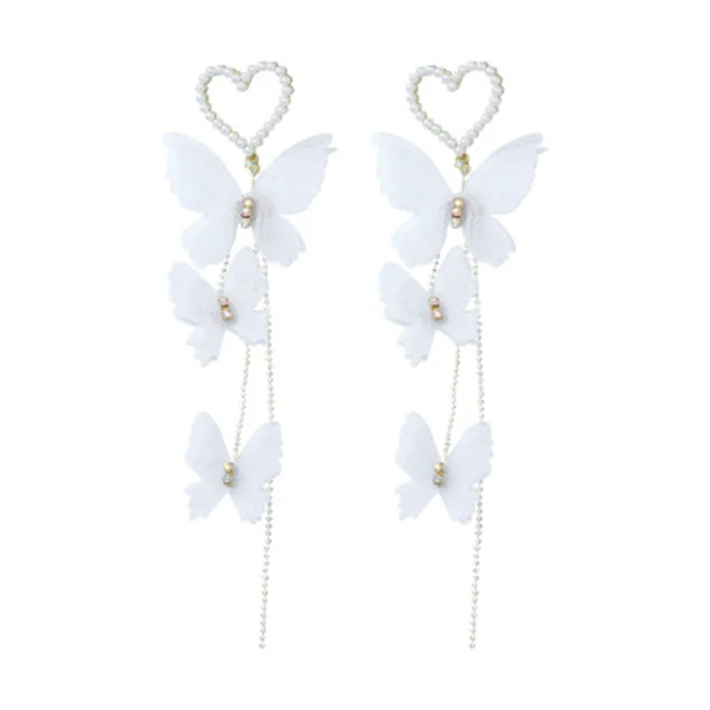 

Delicate White Pearl Romantic Heart Butterfly Multilayer Tassel Drop Earrings For Women Fairy Fashion Earrings Jewelry