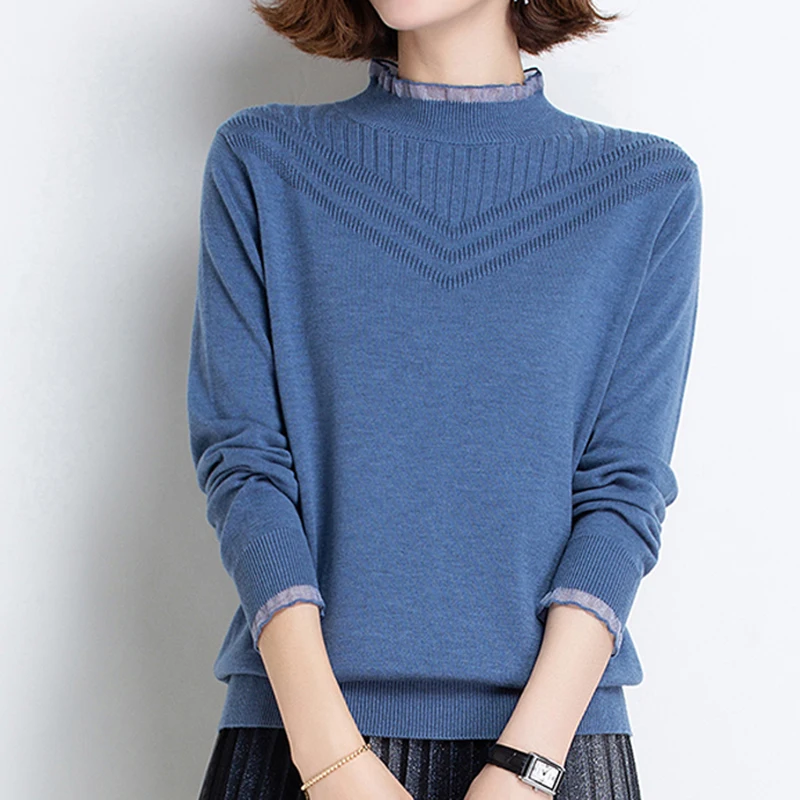 

LJSXLS Women Half High Collar Patchwork Knitted Sweater Korean Fashion Tops Long Sleeve Pullovers 2021 Autumn Winter Clothes