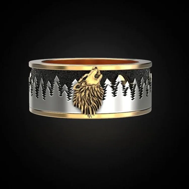Мужские кольца в стиле ретро с изображением леса волка кольцо цвета желтого