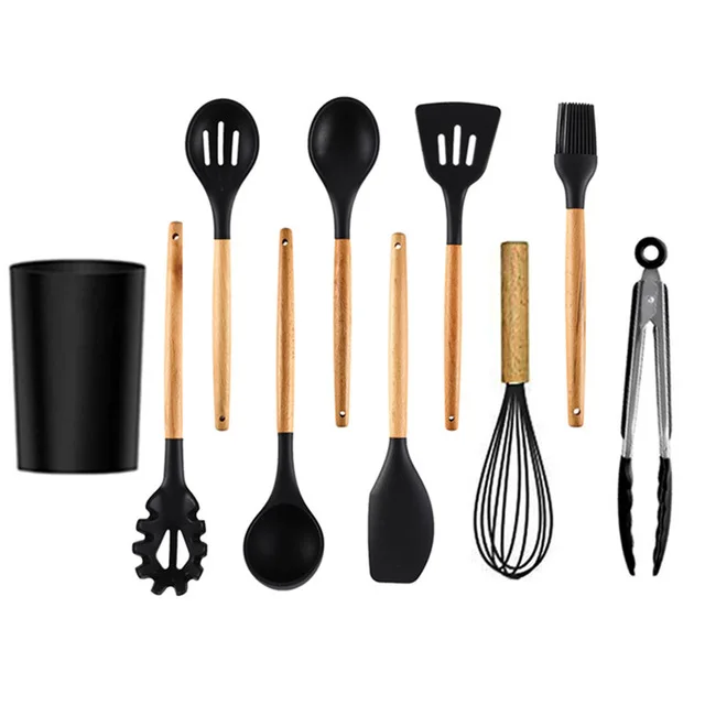 10pcs 5-13 шт силиконовые инструменты для приготовления пищи набор кухонной посуды с ящиком для хранения токарные щипцы шпатель с деревянной ручкой Антипригарная посуда - Цвет: 10pcs