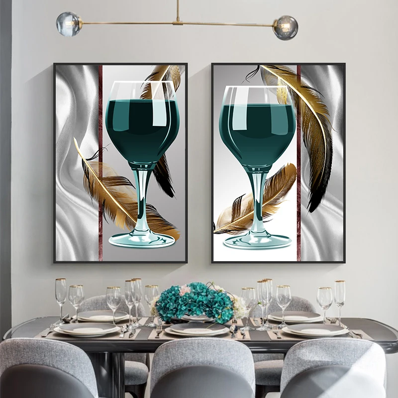 

Luxury Modern Aesthetic Canvas Paintings Feather Wine Glass Scandinavian Minimalist Artwork Wall Posters Pictures Home Decor