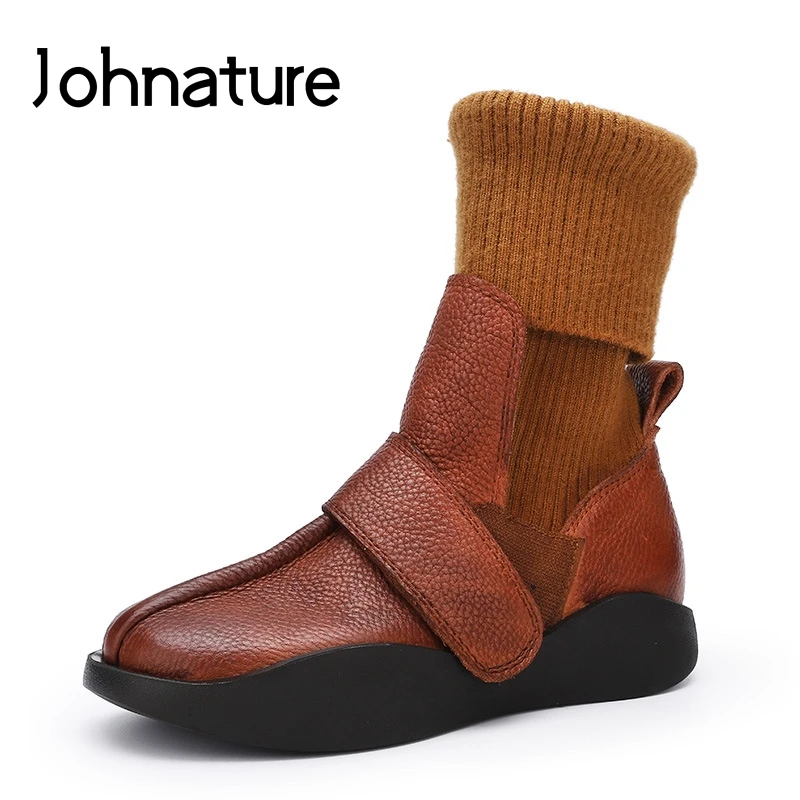 Женские ботинки из натуральной кожи на платформе Johnature зимние шерстяные ручной