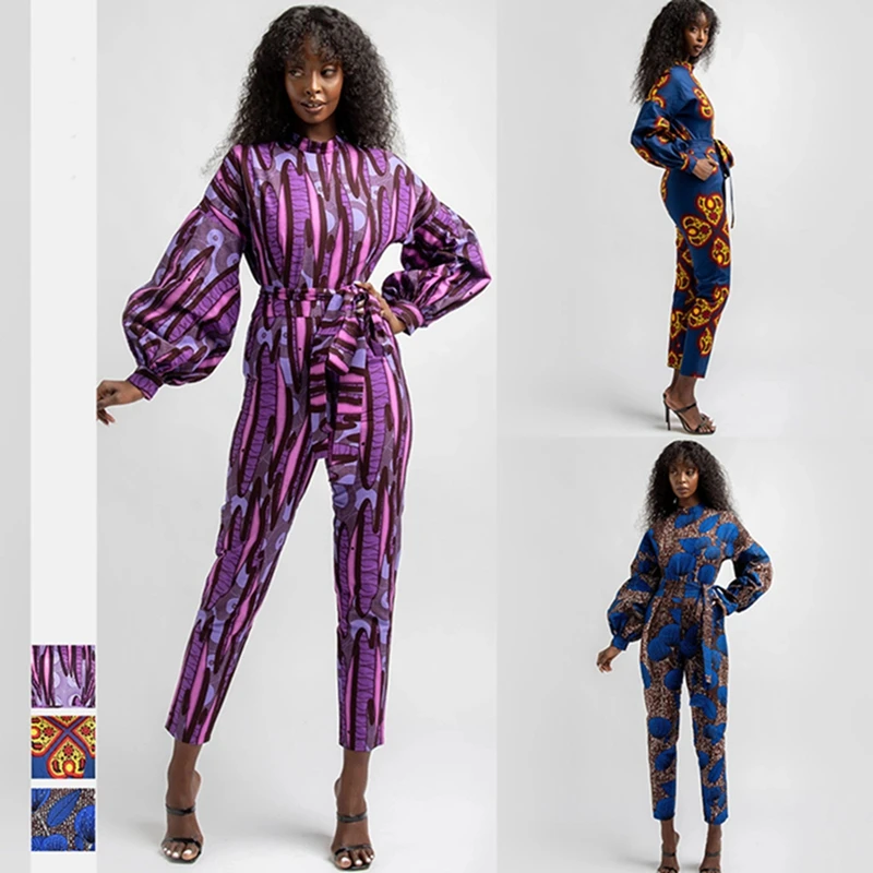 

Polyester African Jumpsuits For Women Printing Rompers Lantern Long Sleeve Bandage Casual Ankara Style Trousers Africaine Outfit