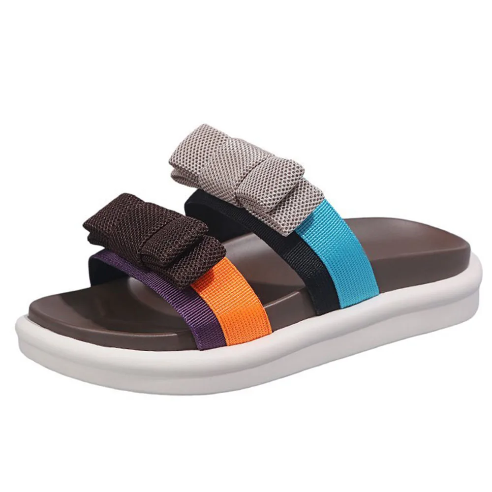 Женские шлепанцы на платформе с открытым носком и бантиком Цветные сандалии