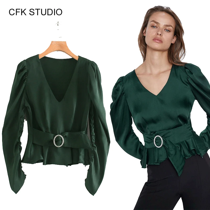 Женская блузка с v образным вырезом длинным рукавом шелковые рубашки 2019 Za новая
