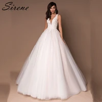 deep v neck princess wedding dress 2022 sleeveless backless sweep train appliques bridal gowns soft tulle organza lace up back