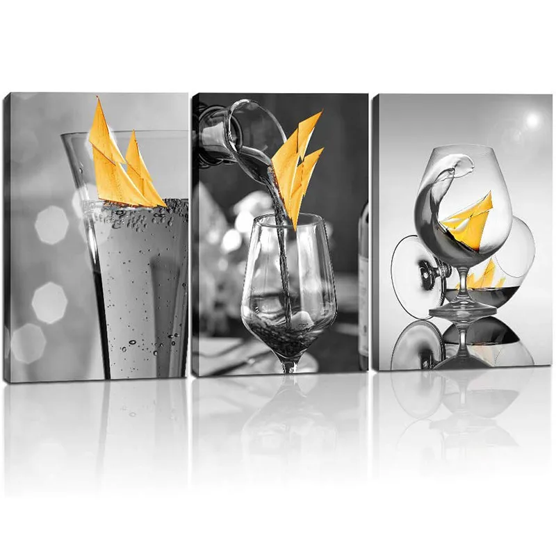 

Wine Glasses Sailboat Canvas Wall Art for Dining Room Black and White Painting Picture Stretched Artwork Modern Home Decor