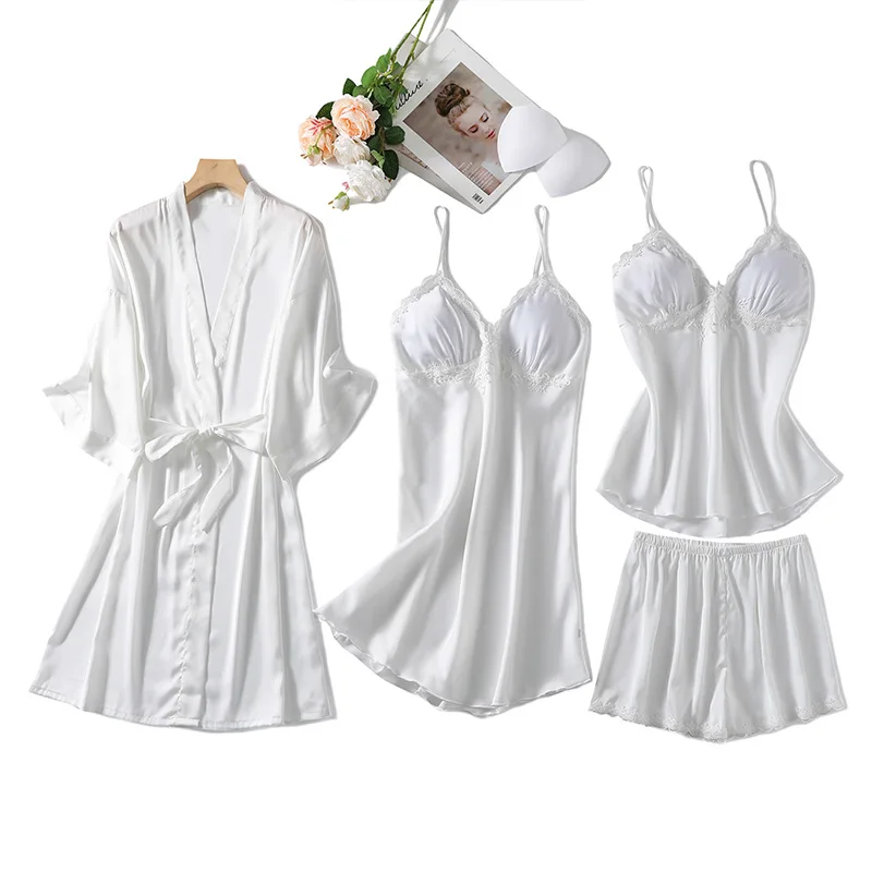 

White Lace Trim Pajamas Set Women Robe Suit Faux Silk Kimono Gown Female V-neck Pijamas Suit Casual 4PCS Sleepwear Home Wear