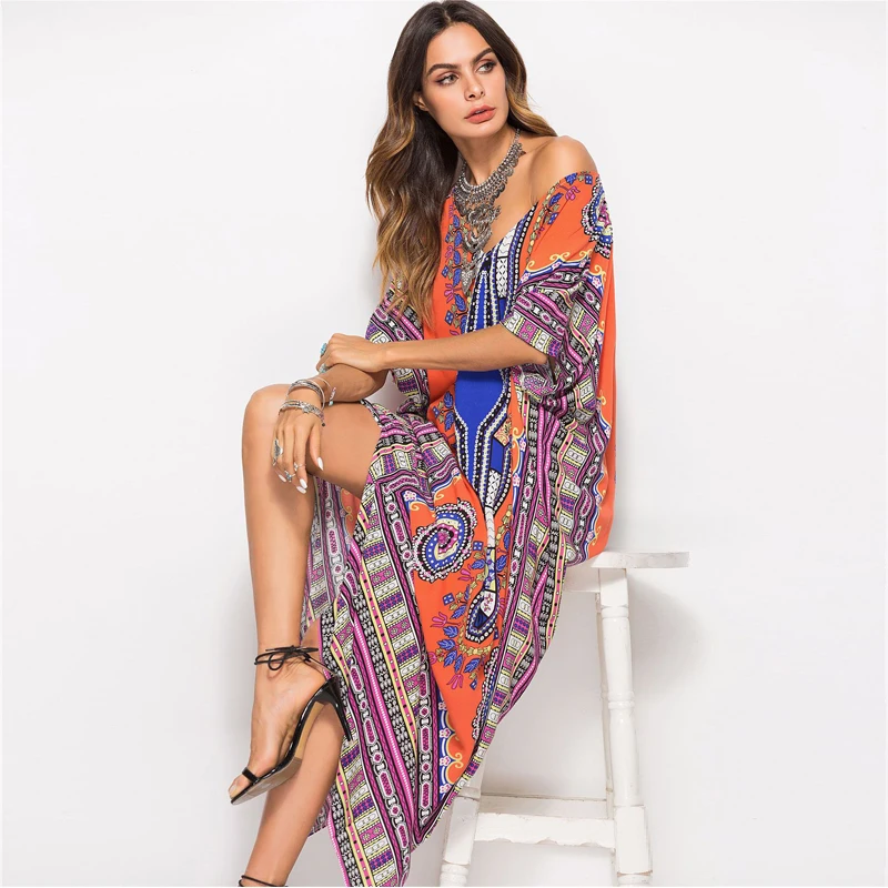 

South American Style Long Dress Spring Summer Women Loose Batwing Sleeve Ladies Dresses Ankle Length V Neck Split Dress Female