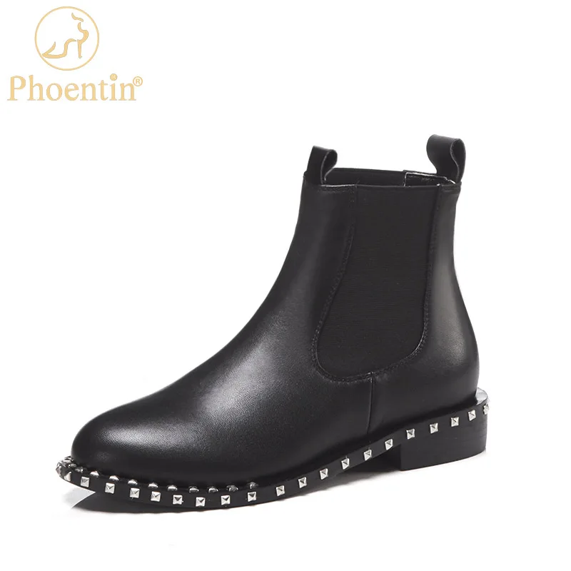

Phoentin Black fashion ankle chelsea boots for women round toe genuine leather boots rivet autumn winter motorcycle bootsFT1791