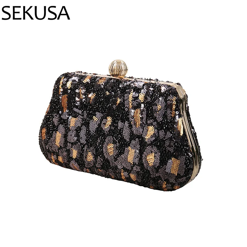 

Leopard Sexy Women Evening Bags Mixed Color Diamonds Luxury Metal Small Day Clutches Sequined Messenger Purse