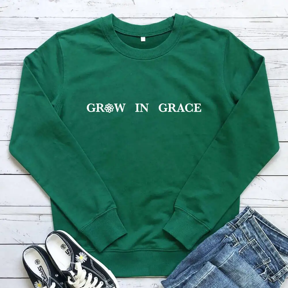 Grow In Grace Christian 100%Cotton Women Sweatshirt Unisex Funny Casual Autumn Winter Long Sleeve Top Faith Top Gift for Her