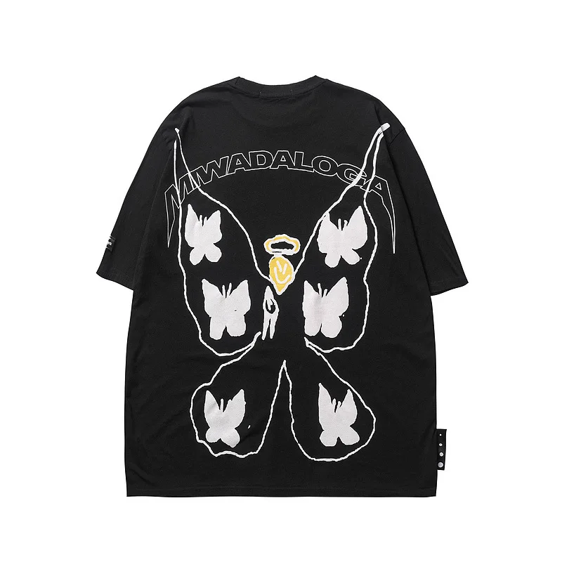 

2021 Dark Depressed Butterfly Vintage Print High Street Asian Style Short Sleeve T-shirt Oversize Loose Couple Tee