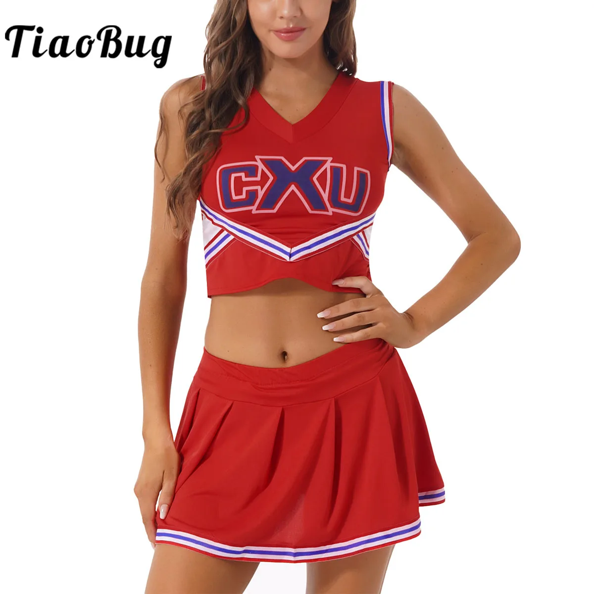 

Womens Cheerleading Uniform Costumes Outfits Schoolgirl Stand Collar Tank Crop Top with Pleated Mini Skirt
