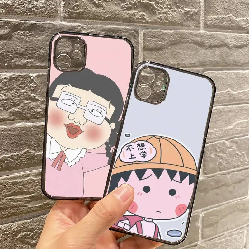 

cute Chibi Maruko-chan Phone Case For iPhone 7 8 11 12 X XS XR MINI Pro Max Plus Retro Black Grey clear transparent