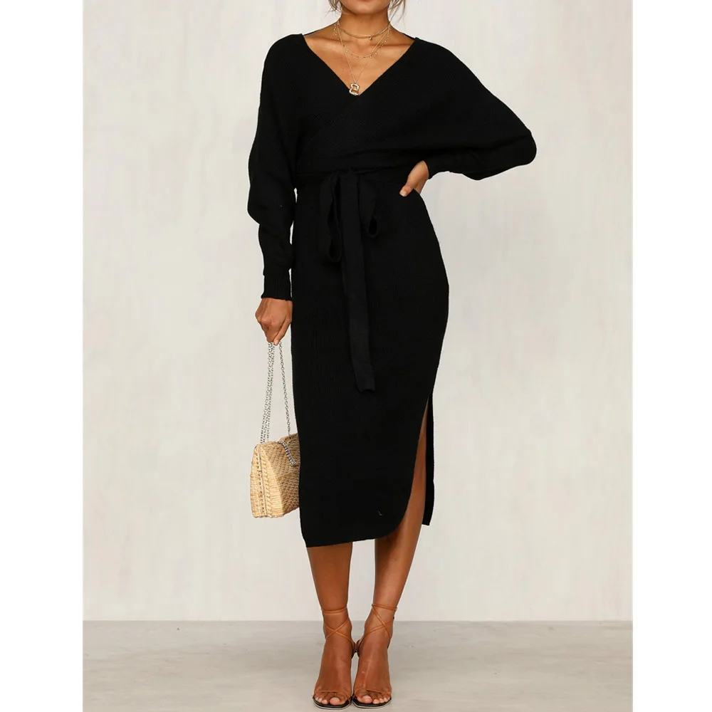 Женское вязаное платье с V образным вырезом однотонное на шнуровке длинным