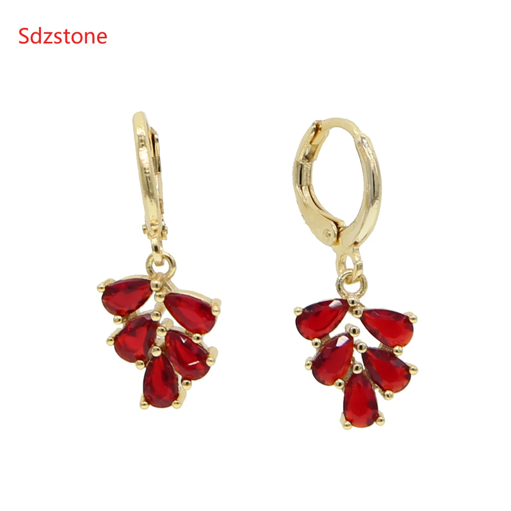 Shinny Water Drop red green CZ Zirconia Leaf Hook Dangle Earrings For Women Fashion Anniversary Bridal Wedding Jewelry | Украшения и