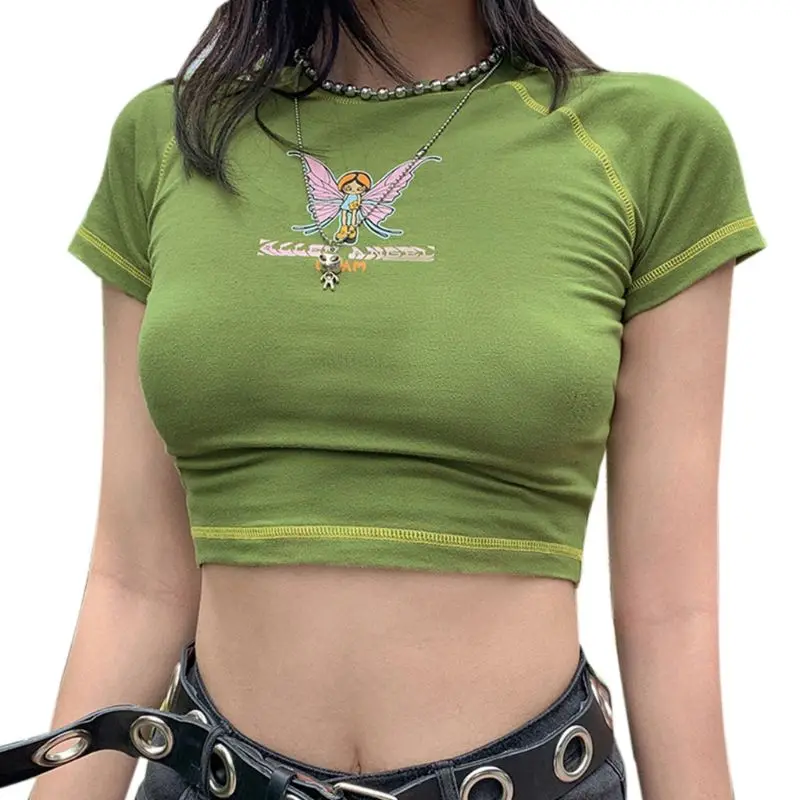 

Women Short Sleeve Slim T-Shirt Butterfly Fairy Graphic Letters Print Crop Top LX9E