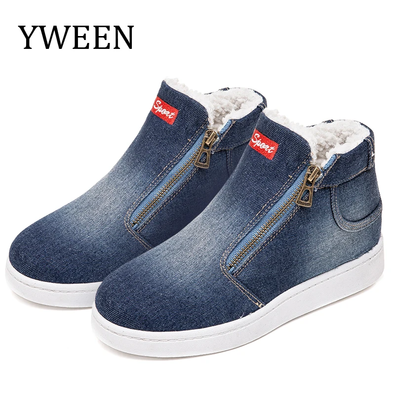 

YWEEN 2021 Winter Platform Boots Women Boots Super Warm Winter Shoes Women Cowboy Ankle Boots Plus Size Denim Women Shoes