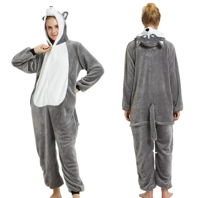 Grey husky Для взрослых аниме Хэллоуин Косплей Костюм Onesie женские костюмы мультфильм животных пижамы Ститч Единорог Покемон зима теплый - Цвет: Grey husky