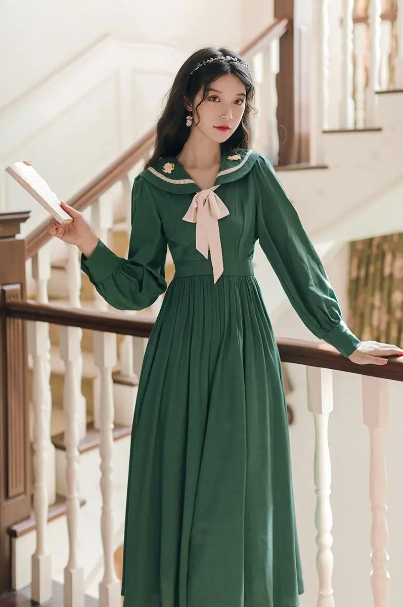 

COIGARSAM French Style Floral Women dress Full Sleeve High Waist Dresses Dark Green Y8010