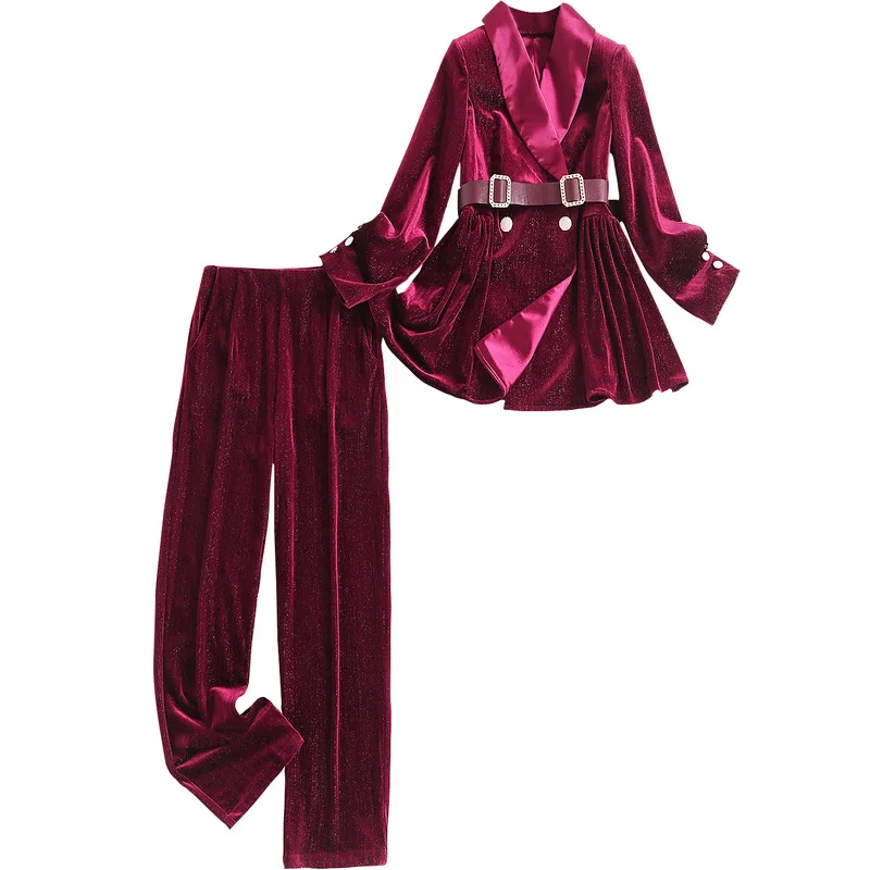 

Shiny Velvet Autumn 2020 Nian New Suit Fashion Double Breasted Sashes Tops+ Woman Pants Ankle-Length Women 2 Piece Set