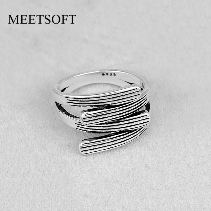 MEETSOFT Открытое кольцо из тайского серебра для женщин простое регулируемое Ретро