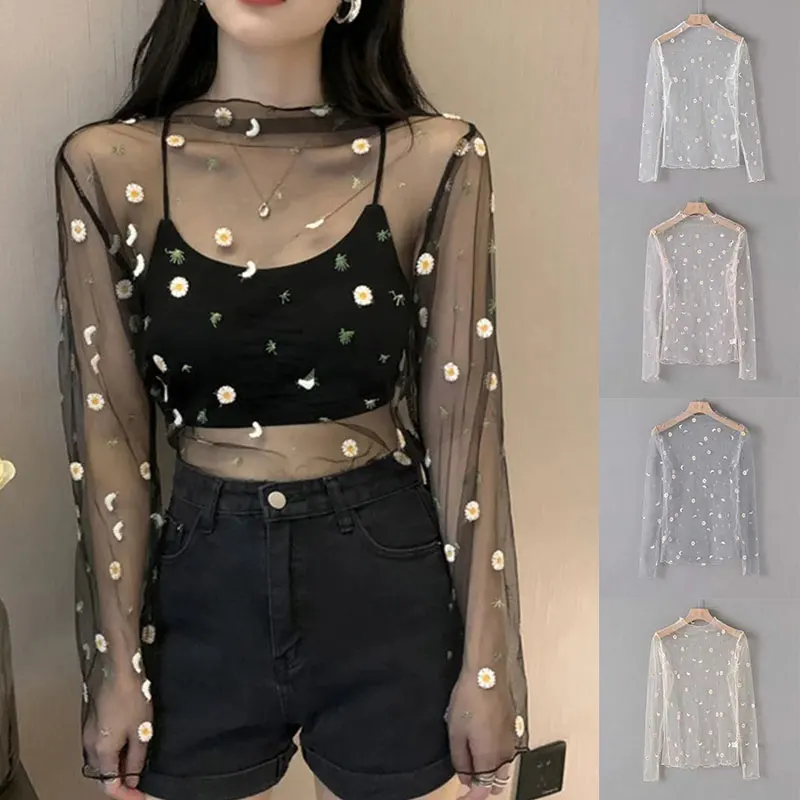 

New Summer Sexy Lace Floral Embroidery Bottom Shirt For Women Ladies Black Tops Transparent Mesh Tops Female Elegant Blouse