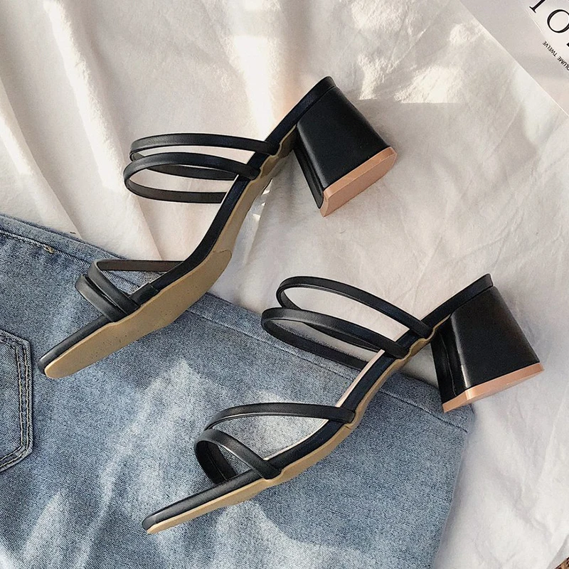 

Women Heels Narrow Band Slippers 2021 Summer Fashion Open Toe Luxury Square Heel Shoes Casual Outdoor Elegant Sandals