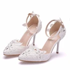 Летние женские сандалии с кристаллами; Обувь белого цвета; Кружевное платье Стразы Свадебная обувь Шпильки с острым носком; Вечерние модельные женские босоножки женская обувь A0051