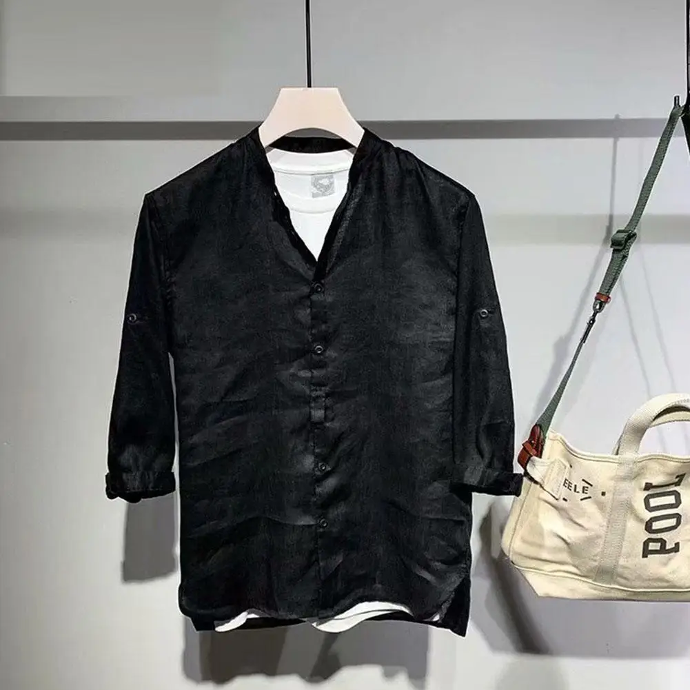 

MISSKY Men Shirt Solid Color Cotton Linen Shirt Summer Middle Sleeve Fashion Loose Casual Tops For Female New 2020