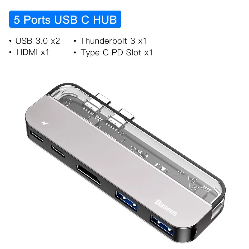 Gary 5 in 1 USB HUB Baseus Dual Тип-C 7in1 USB 3,0 Тип C концентратор HDMI RJ45 адаптер для MacBook Pro OTG usb-хаб 3,0 PC компьютерных аксессуаров - Цвет: Gary 5 in 1 USB HUB