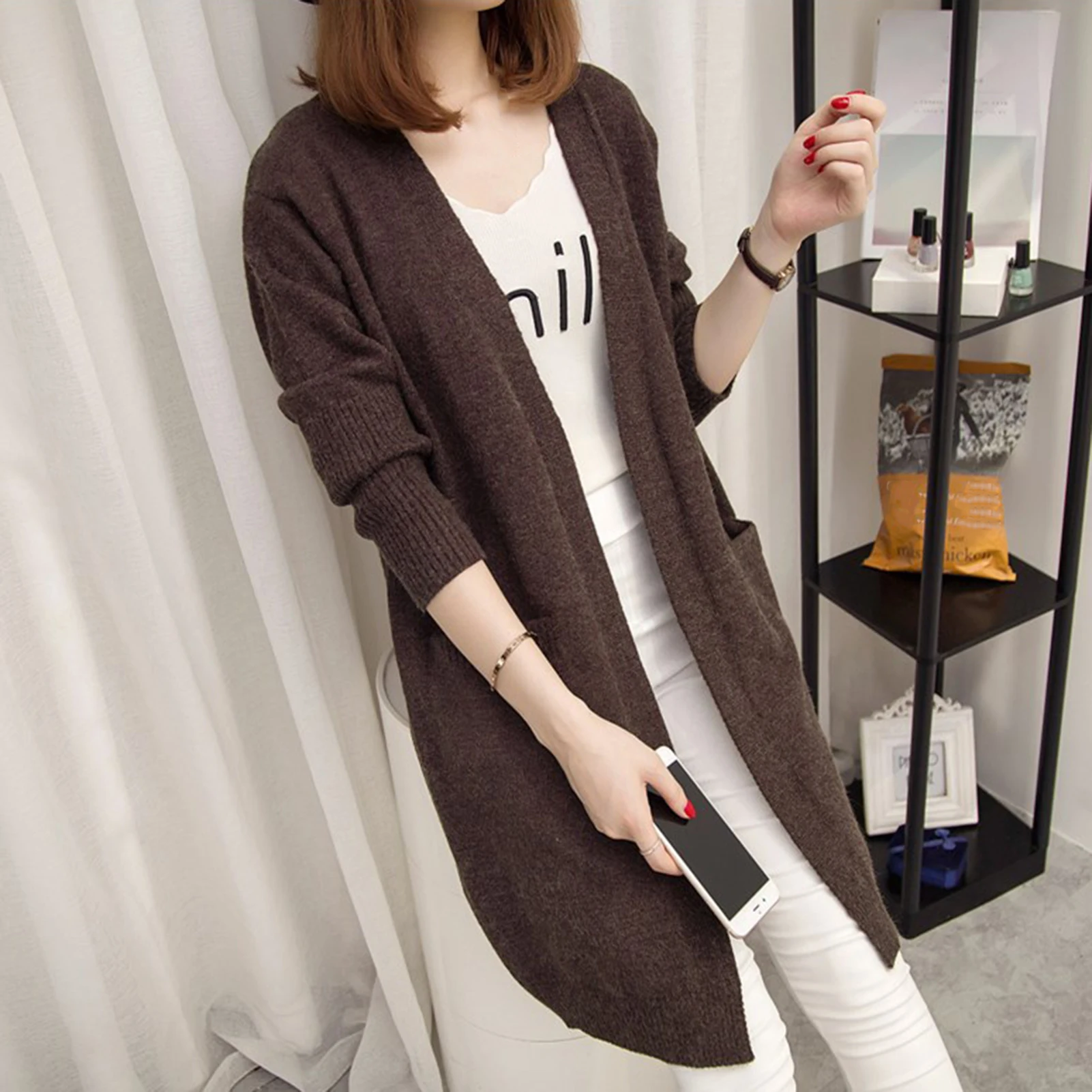 

Cardigan Sweaters Women Long Sleeve Pockets Open Front Cardigan Autumn Winter Thick Knitwear Coat pull femme 2020