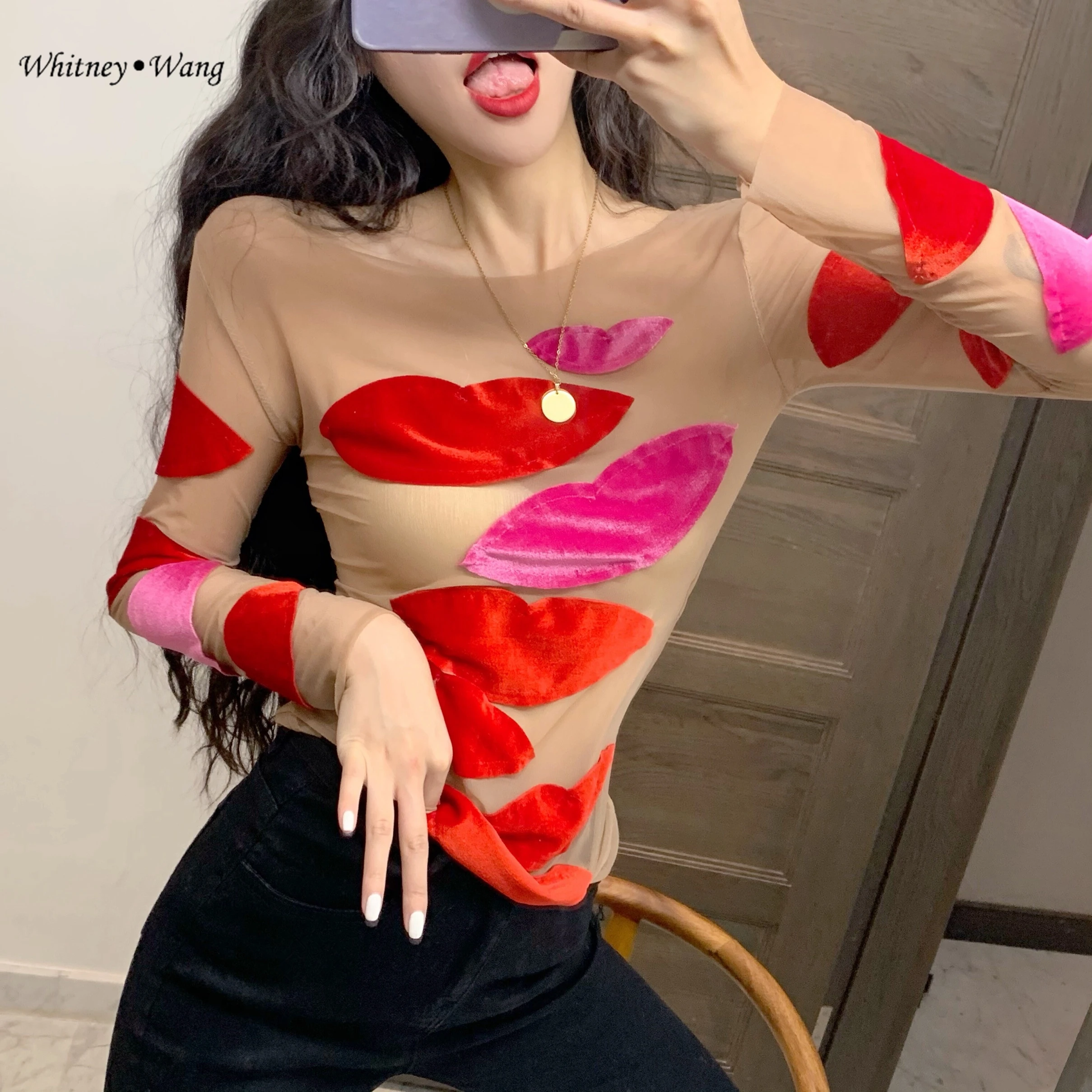 WHITNEY WANG Весенняя мода уличная бархатная Лоскутная Сексуальная Сетчатая футболка женская футболка Женские топы